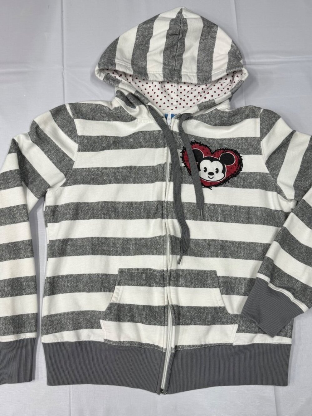 Disney Cuties Junior Gray White Striped Hoodie Zip Jacket Mickey L 11 13 Y2K